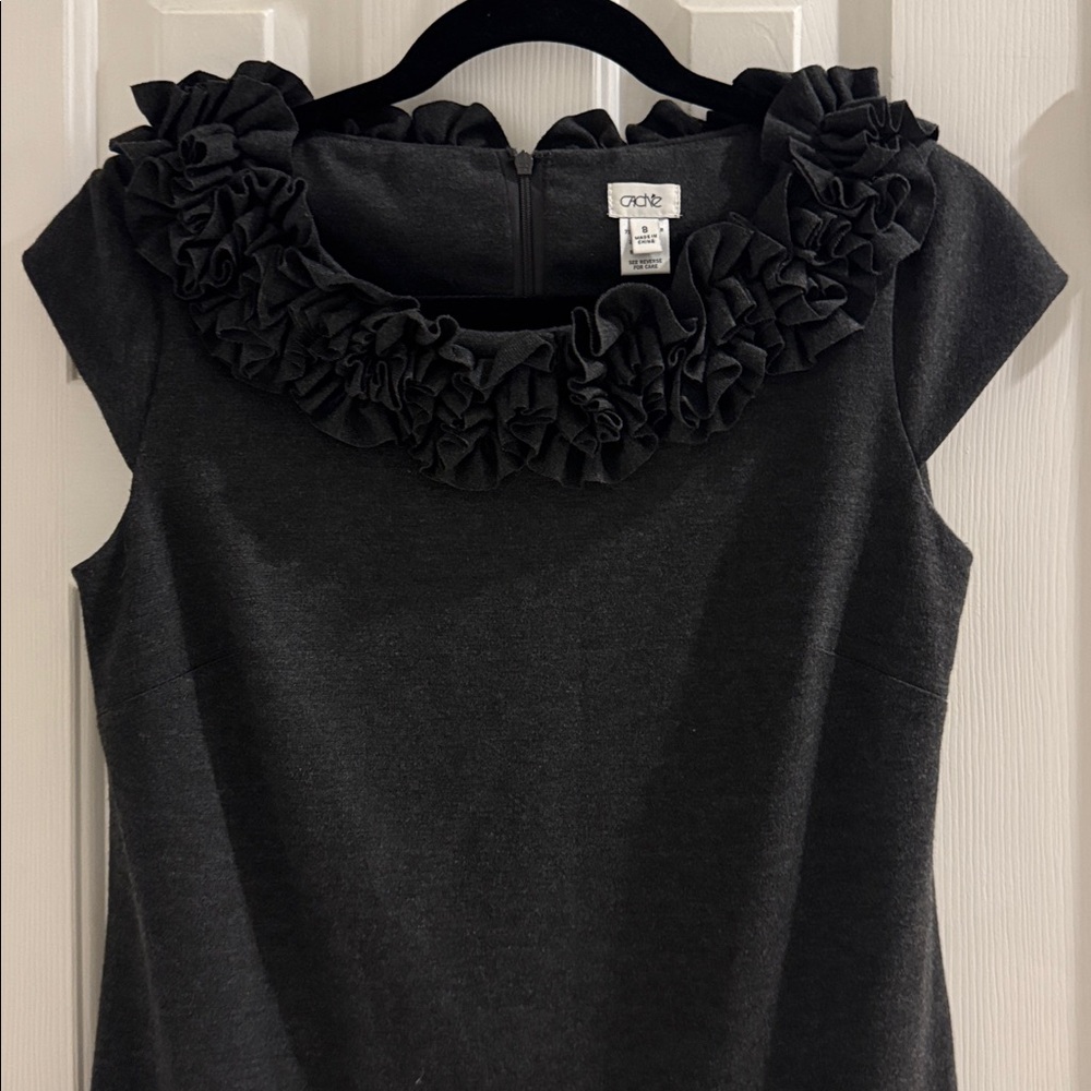 Caché Charcoal Vintage Dress w/ Layers of Ruffles at Neck